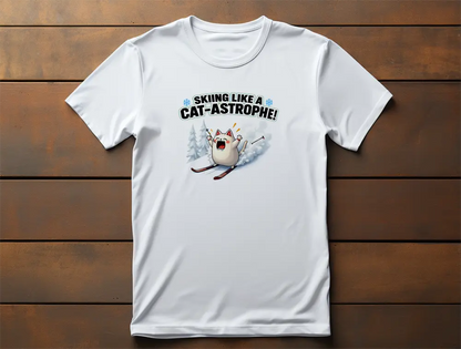 Cat-Astrophe T-Shirt – unisex premium shirt with humorous winter cat design skiing down the slopes, minimalist and witty snow adventure style.