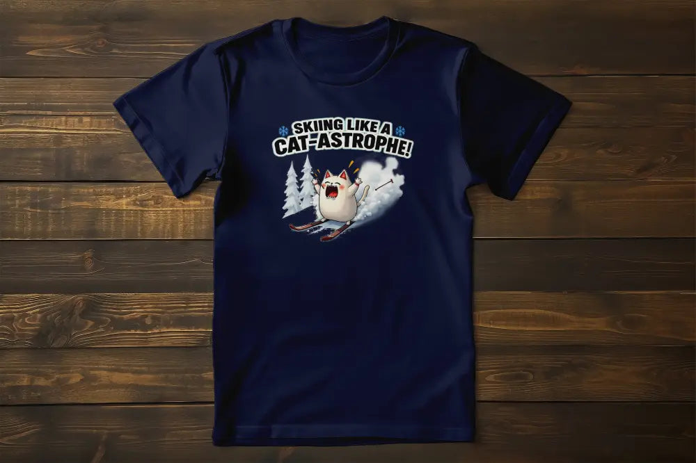 Cat-Astrophe T-Shirt – unisex premium shirt with humorous winter cat design skiing down the slopes, minimalist and witty snow adventure style.