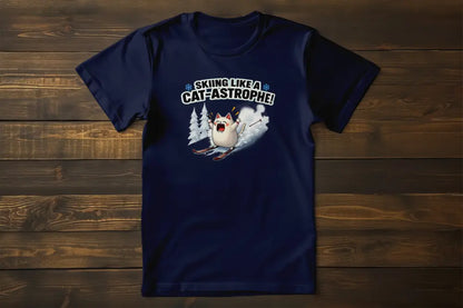 Cat-Astrophe T-Shirt – unisex premium shirt with humorous winter cat design skiing down the slopes, minimalist and witty snow adventure style.