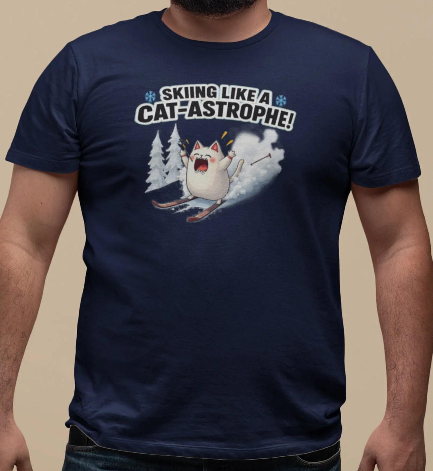 Close-up of Cat-Astrophe design – panicked skiing cat with the text ‘Skiing Like a Cat-astrophe!’, blending humor and minimalist winter art.