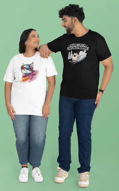 Person wearing Cat-Astrophe Winter Cat T-Shirt in snowy mountain setting – fun unisex tee for cat lovers who enjoy ski humor and playful winter vibes.