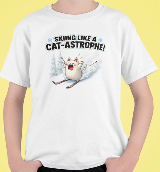 Close-up of Cat-Astrophe design – panicked skiing cat with the text ‘Skiing Like a Cat-astrophe!’, blending humor and minimalist winter art.