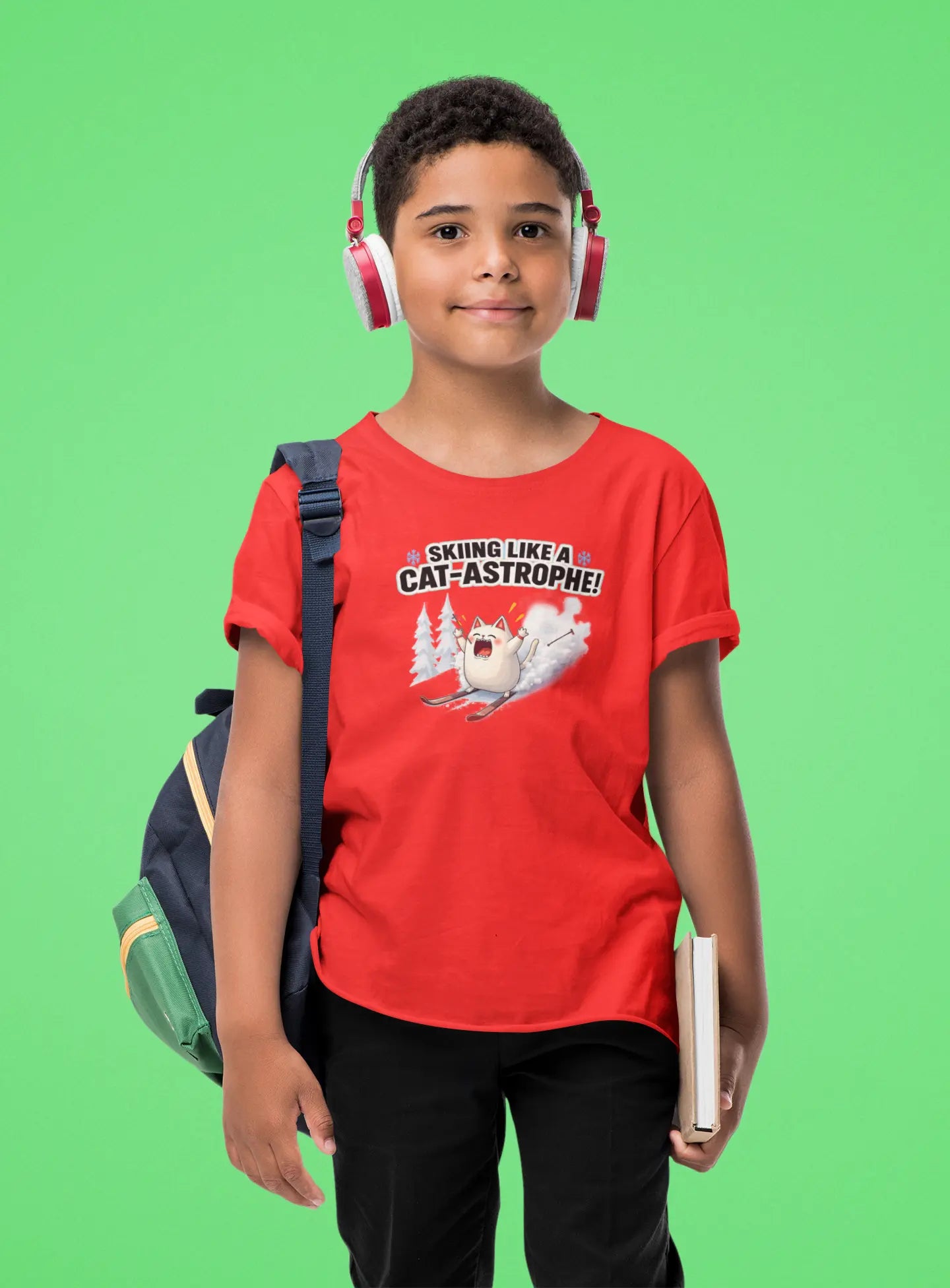 Person wearing Cat-Astrophe Winter Cat T-Shirt in snowy mountain setting – fun unisex tee for cat lovers who enjoy ski humor and playful winter vibes.