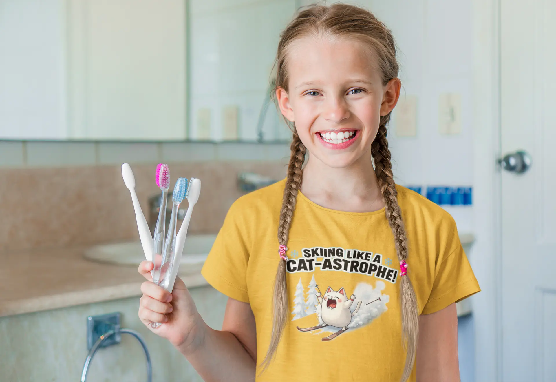 Model wearing Cat-Astrophe Winter Cat T-Shirt – unisex premium tee featuring a funny cat tumbling down a snowy mountain with ski poles flying.