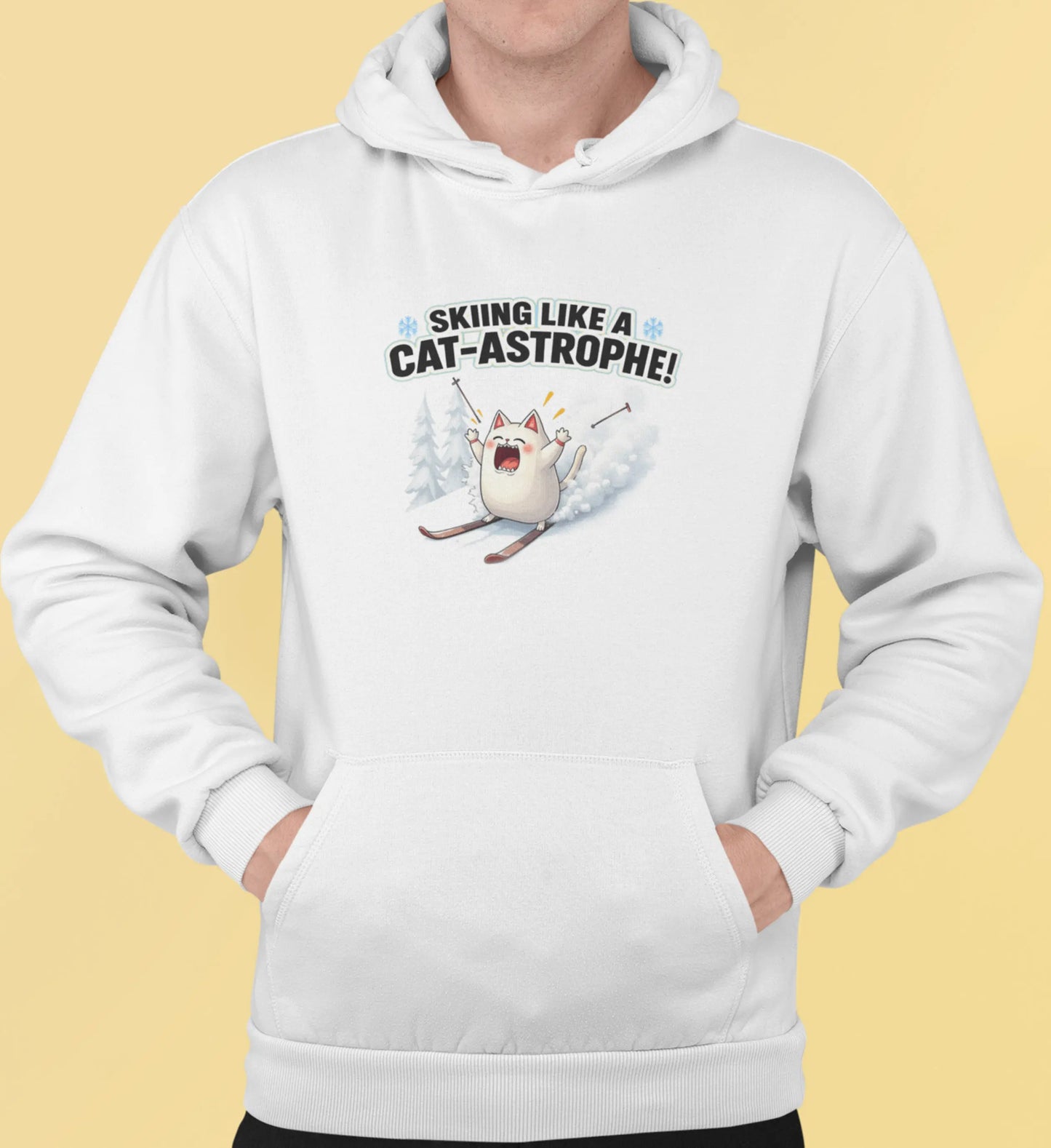 Close-up of Cat-Astrophe design – panicked skiing cat with the text ‘Skiing Like a Cat-astrophe!’, blending humor and minimalist winter art.