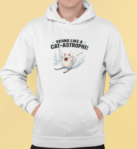 Close-up of Cat-Astrophe design – panicked skiing cat with the text ‘Skiing Like a Cat-astrophe!’, blending humor and minimalist winter art.
