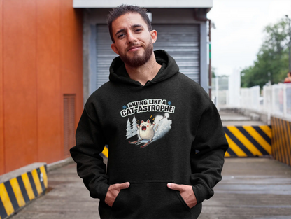 Person wearing Cat-Astrophe Winter Cat Hoodie in snowy mountain setting – fun unisex tee for cat lovers who enjoy ski humor and playful winter vibes.