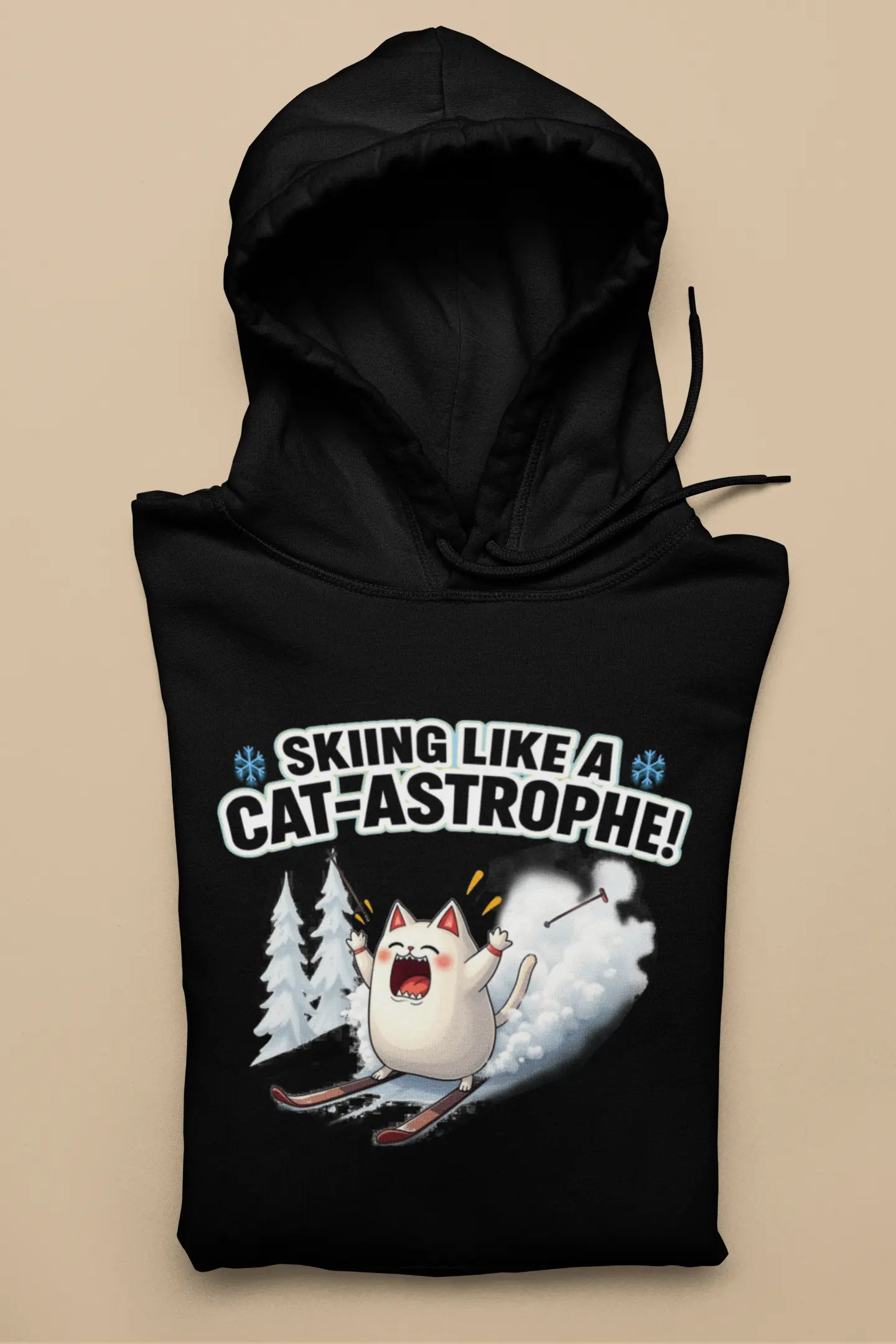 Cat-Astrophe Hoodie – unisex premium shirt with humorous winter cat design skiing down the slopes, minimalist and witty snow adventure style.