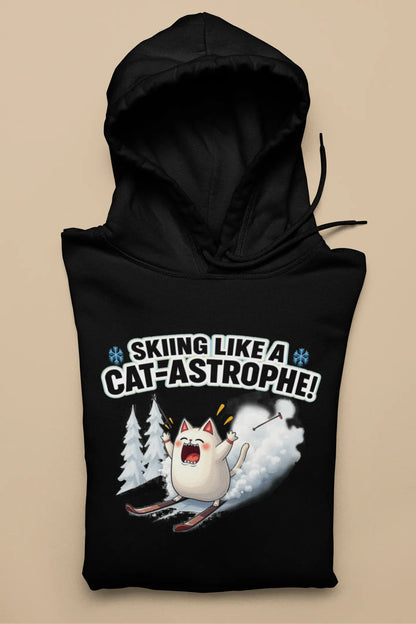 Cat-Astrophe Hoodie – unisex premium shirt with humorous winter cat design skiing down the slopes, minimalist and witty snow adventure style.