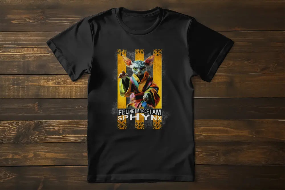 Flat lay of the 'Feline Power – Sphynx Unleased' T-shirt showing a minimalist yet striking Sphynx cat design inspired by retro sci-fi aesthetics.