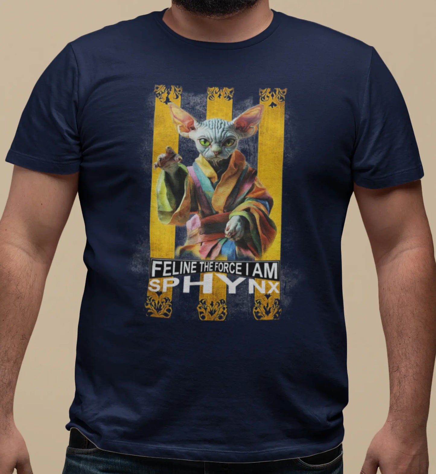 Close-up of the 'Feline Power – Sphynx Unleased' print highlighting the fine sci-fi lines, shading, and expressive details of the Sphynx cat artwork.