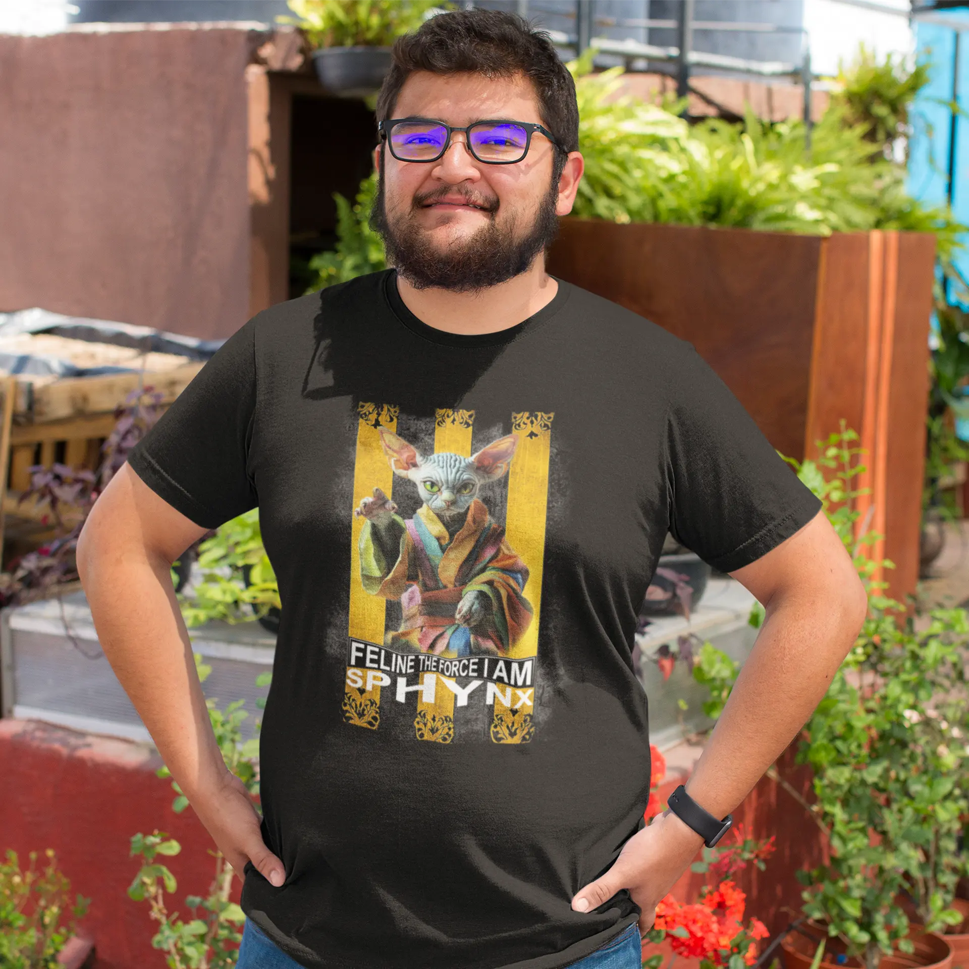 Mockup of the 'Feline Power – Sphynx Unleased' T-shirt featuring a Sphynx cat in a powerful sci-fi pose, blending feline attitude with galactic style.