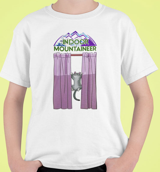 Close-up of Indoor Mountaineer Cat T-Shirt – playful cat scaling curtains like Mount Everest.