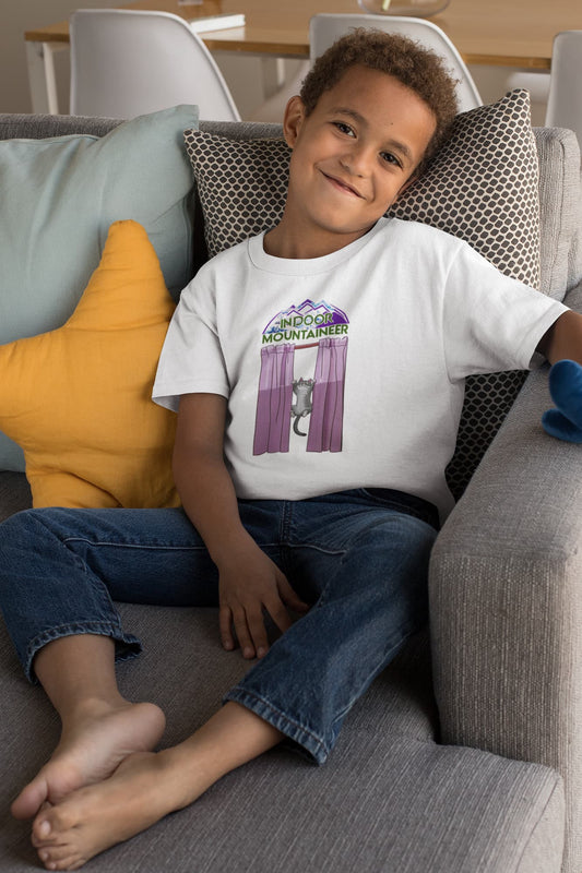 Model wearing Indoor Mountaineer Cat T-Shirt – funny curtain climbing design on unisex premium tee.
