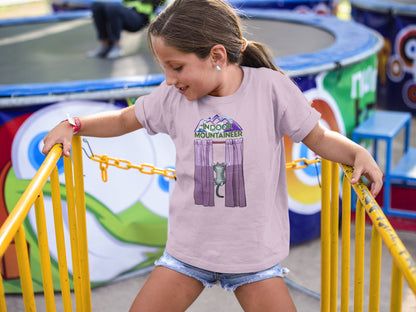 Funny lifestyle look featuring Indoor Mountaineer Cat T-Shirt with adventurous curtain-climbing cat design.