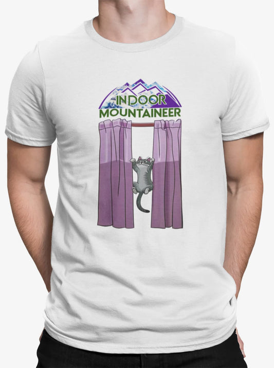 Close-up of Indoor Mountaineer Cat T-Shirt – playful cat scaling curtains like Mount Everest.