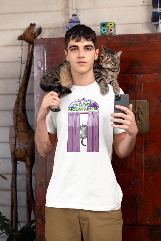 Model wearing Indoor Mountaineer Cat T-Shirt – funny curtain climbing design on unisex premium tee.