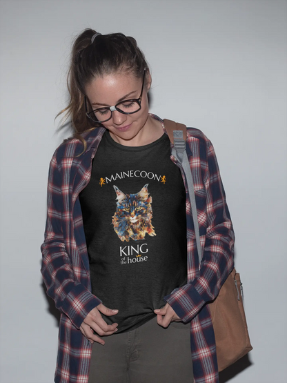 Model wearing the 'King of the House – The Maine Coon Edition' T-shirt with a regal abstract Maine Coon cat design, capturing the calm authority of the feline king.