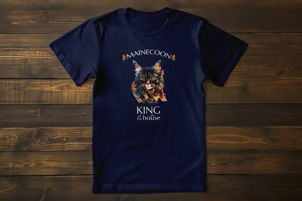 Flat lay of the 'King of the House – The Maine Coon Edition' T-shirt showing the elegant abstract Maine Coon design in soft earthy and golden tones.
