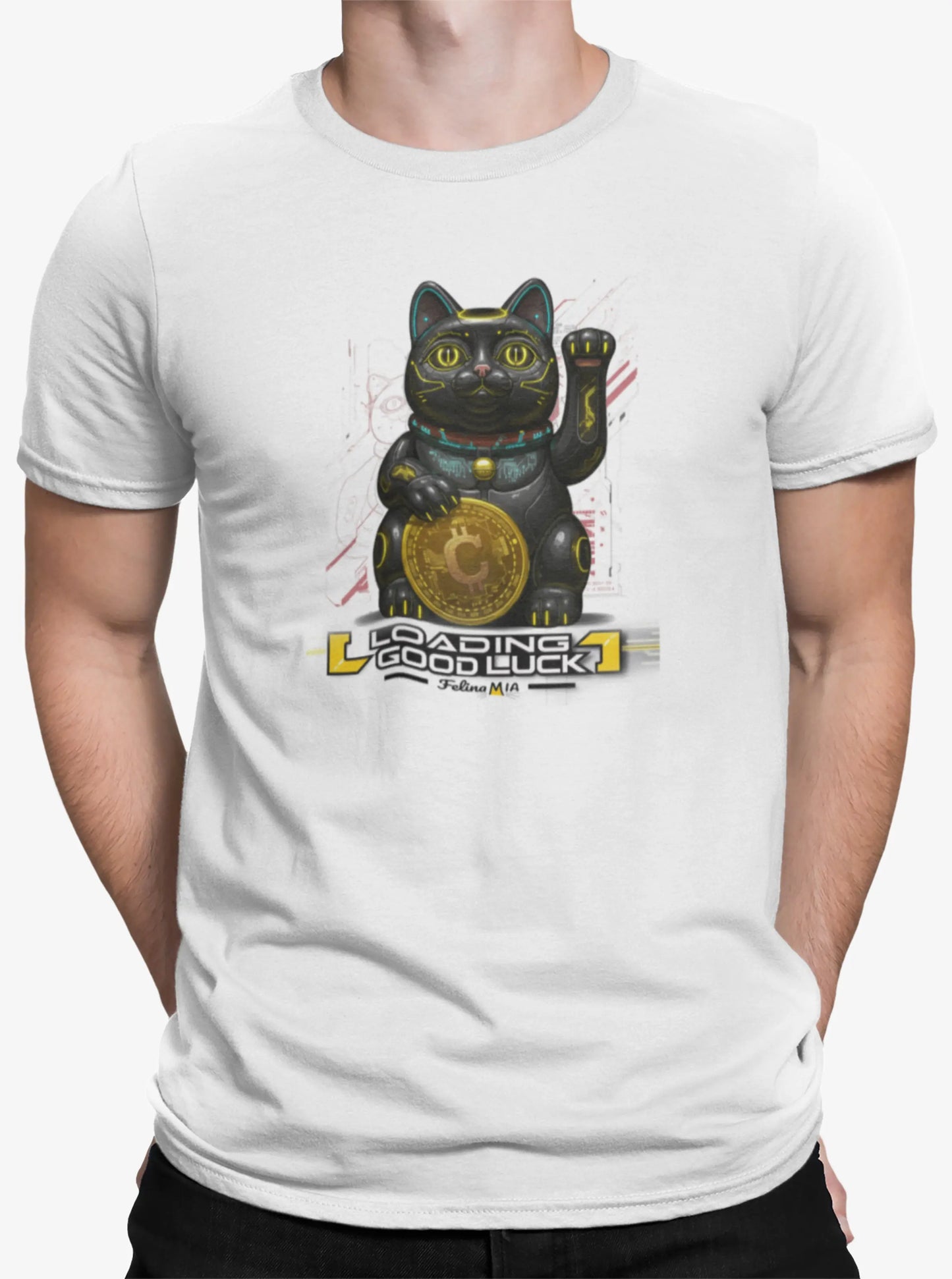 Close-up of Maneki Cyber design – black futuristic Maneki-neko holding golden Catcoin with 'Loading Good Luck' text below.