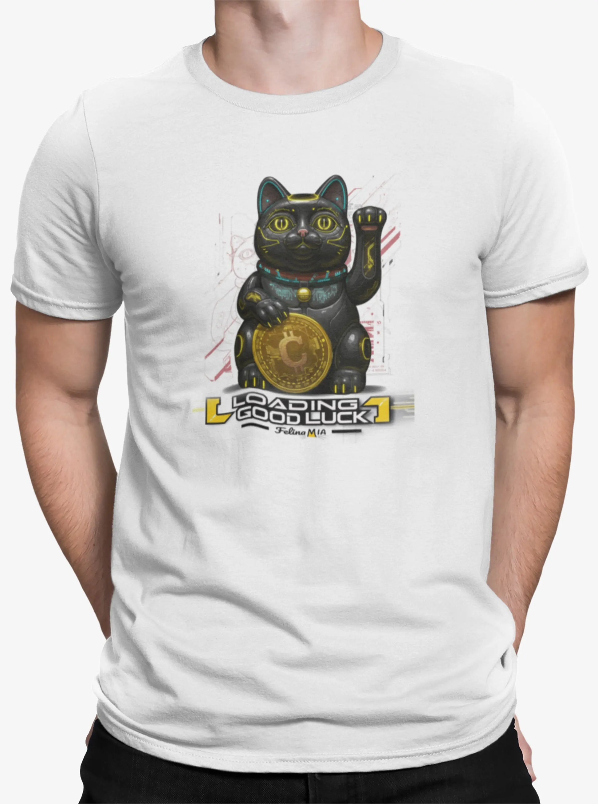 Close-up of Maneki Cyber design – black futuristic Maneki-neko holding golden Catcoin with 'Loading Good Luck' text below.