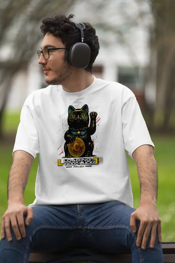 Model wearing Maneki Cyber T-Shirt – unisex premium tee with cyberpunk black Maneki-neko holding golden Catcoin and 'Loading Good Luck' text.