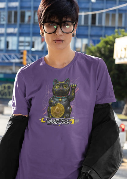 Person wearing Maneki Cyber T-Shirt – bold cyberpunk Maneki-neko design blending Japanese tradition with futuristic digital style.