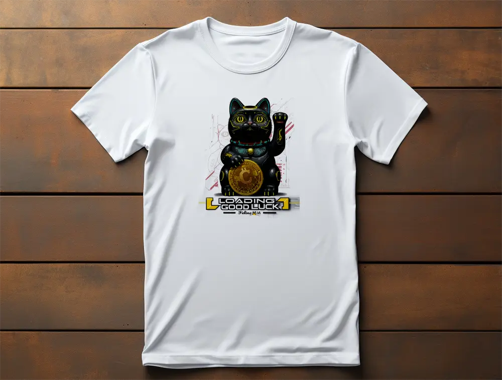 Maneki Cyber T-Shirt – unisex premium cyberpunk design featuring futuristic lucky cat with golden Catcoin and 'Loading Good Luck' phrase.