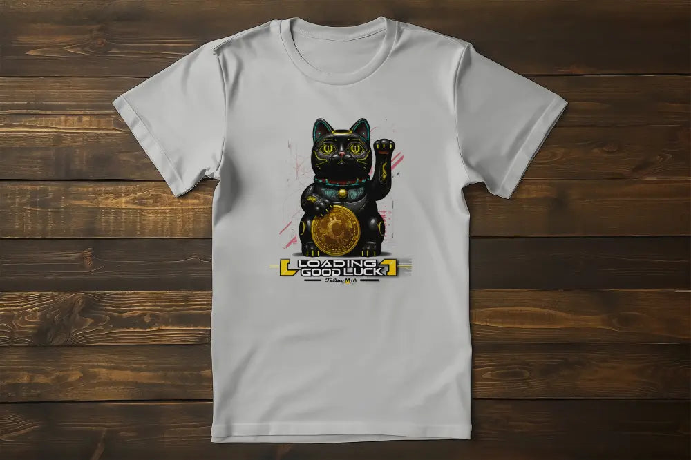 Maneki Cyber T-Shirt – unisex premium cyberpunk design featuring futuristic lucky cat with golden Catcoin and 'Loading Good Luck' phrase.