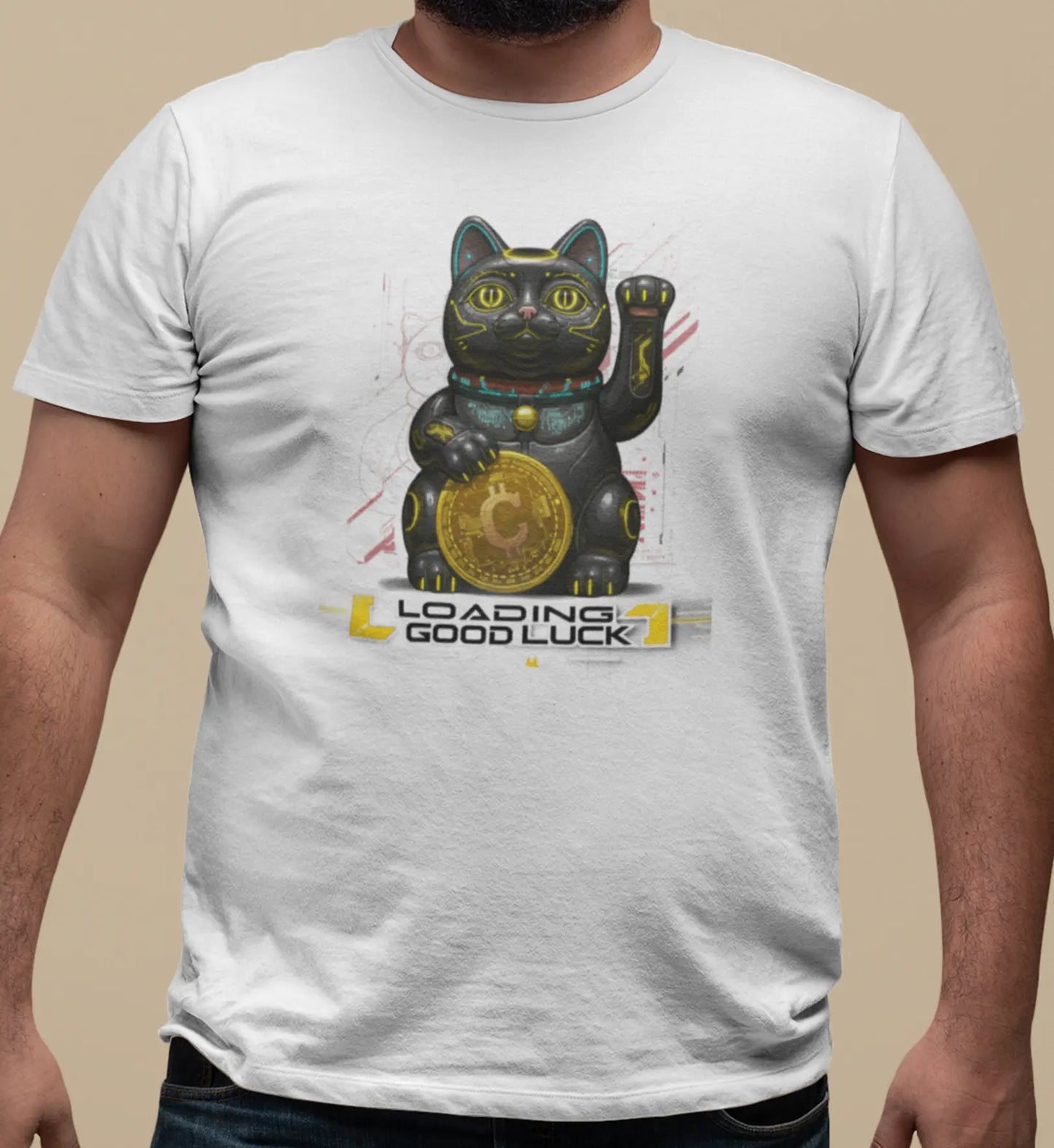 Close-up of Maneki Cyber design – black futuristic Maneki-neko holding golden Catcoin with 'Loading Good Luck' text below.