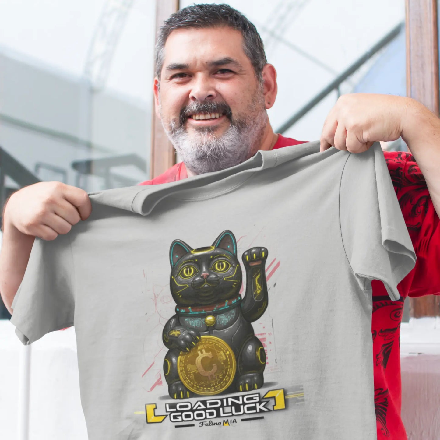 Model wearing Maneki Cyber T-Shirt – unisex premium tee with cyberpunk black Maneki-neko holding golden Catcoin and 'Loading Good Luck' text.