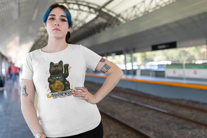 Person wearing Maneki Cyber T-Shirt – bold cyberpunk Maneki-neko design blending Japanese tradition with futuristic digital style.
