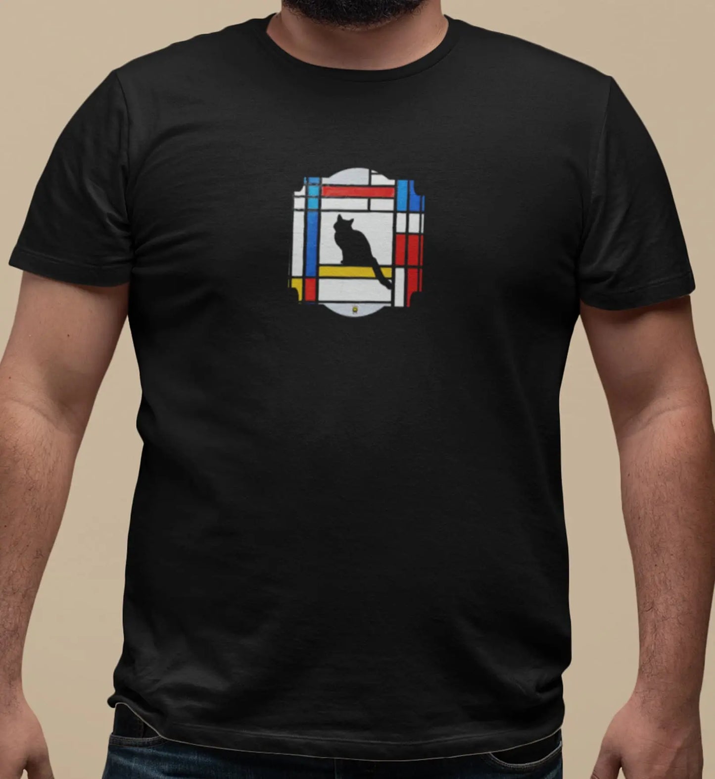 Close-up of Meowdrian t-shirt design showing abstract cat framed in Mondrian style red, blue, yellow geometric blocks
