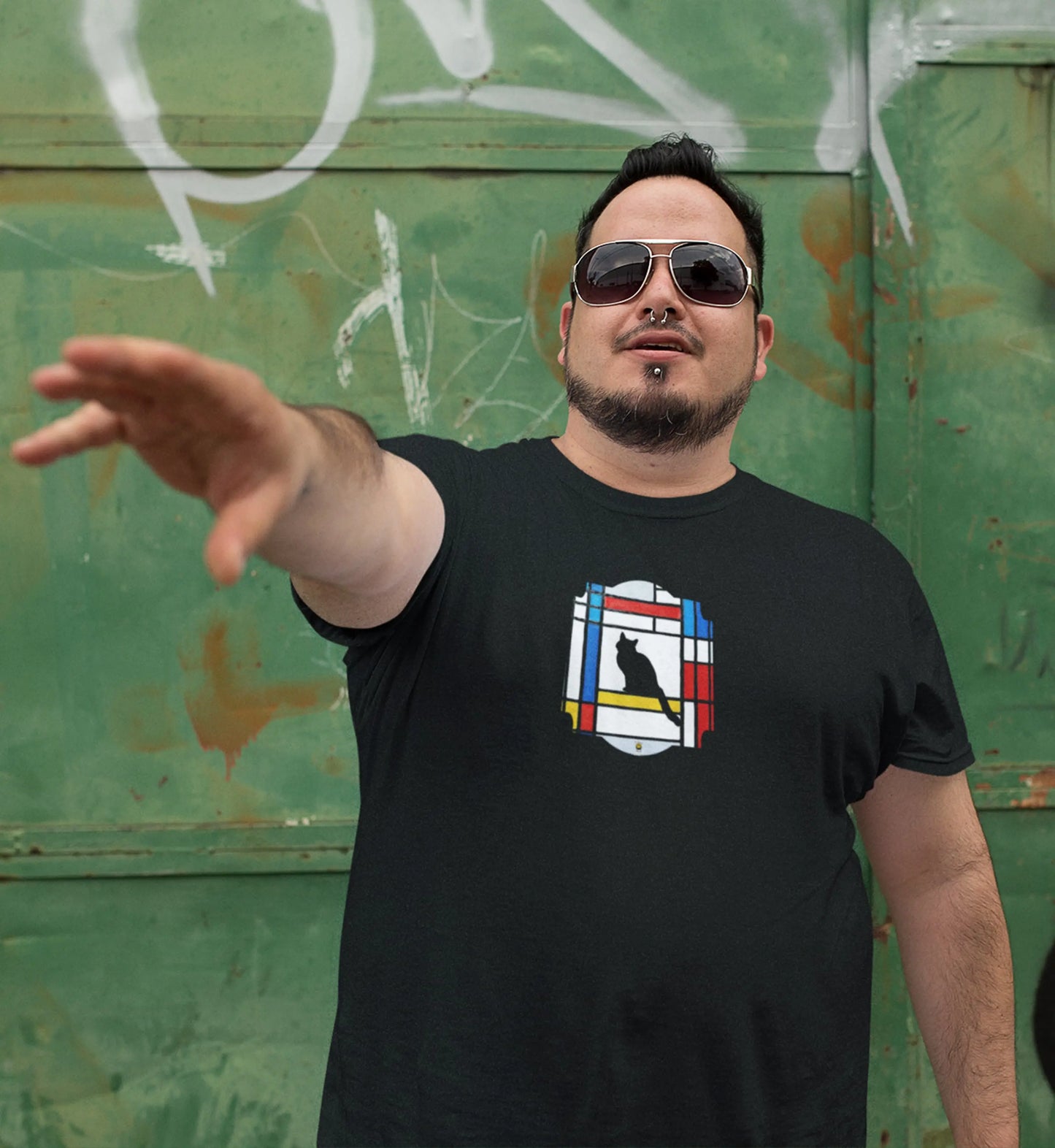 Mockup of Meowdrian cat t-shirt, Mondrian inspired abstract art graphic tee with colorful geometric blocks and feline design