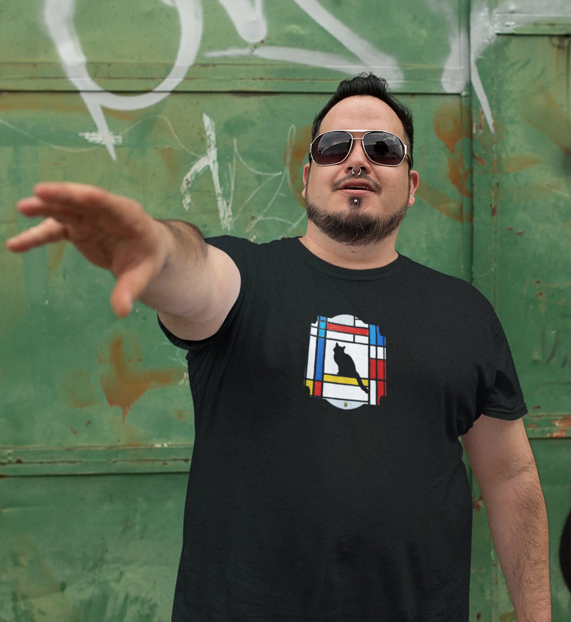 Mockup of Meowdrian cat t-shirt, Mondrian inspired abstract art graphic tee with colorful geometric blocks and feline design