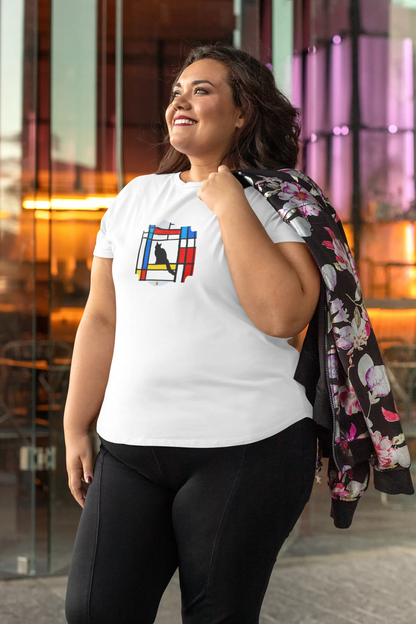 Model wearing Meowdrian Mondrian inspired cat t-shirt, abstract art unisex premium graphic tee with colorful feline design
