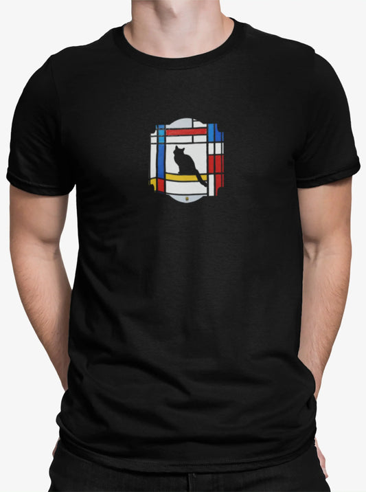 Close-up of Meowdrian t-shirt design showing abstract cat framed in Mondrian style red, blue, yellow geometric blocks