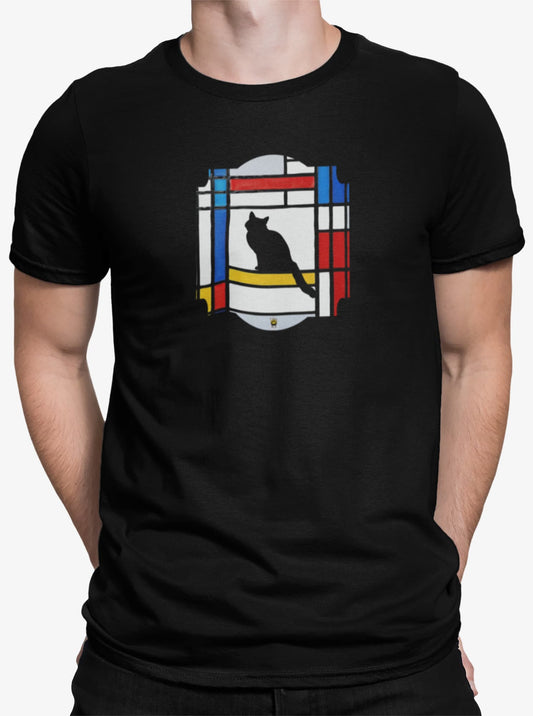 Close-up of Meowdrian t-shirt design showing abstract cat framed in Mondrian style red, blue, yellow geometric blocks