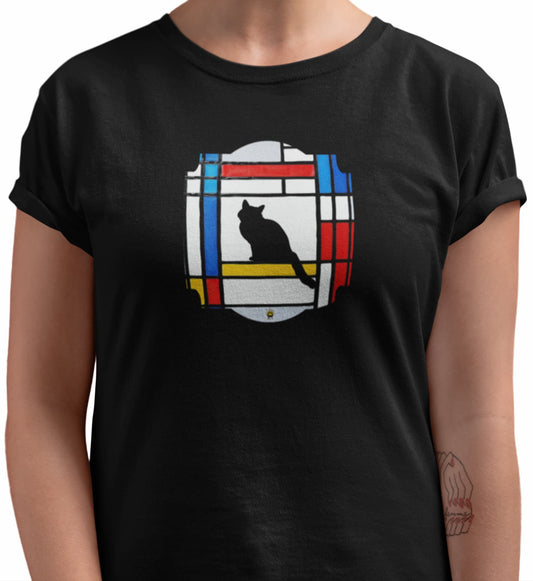 Close-up of Meowdrian t-shirt design showing abstract cat framed in Mondrian style red, blue, yellow geometric blocks