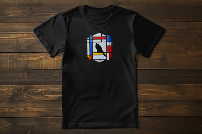 Flat lay of Meowdrian unisex premium cat t-shirt featuring Mondrian style geometric red, blue, yellow blocks with cat illustration