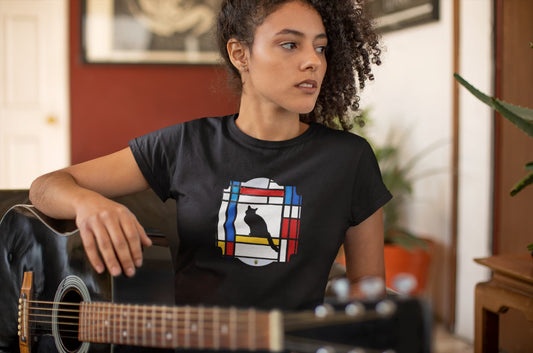 Mockup of Meowdrian cat t-shirt, Mondrian inspired abstract art graphic tee with colorful geometric blocks and feline design