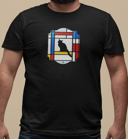 Close-up of Meowdrian t-shirt design showing abstract cat framed in Mondrian style red, blue, yellow geometric blocks