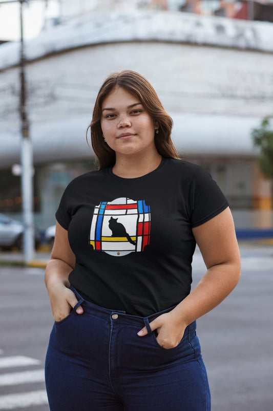 Mockup of Meowdrian cat t-shirt, Mondrian inspired abstract art graphic tee with colorful geometric blocks and feline design