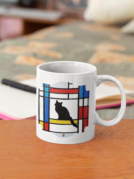 11oz ceramic mug Meowdrian – Mondrian-inspired cat design with bold geometric blocks, part of Felinamia’s Meowlloween collection