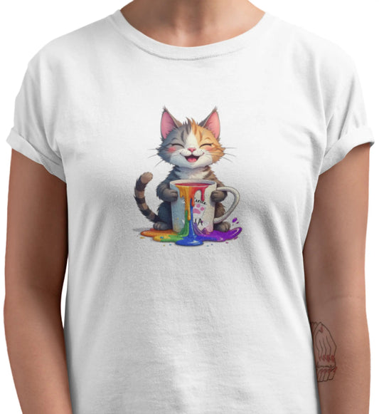 Close-up of Pride Paws design – cheerful cat with rainbow coffee mug and vivid details representing pride and feline humor.