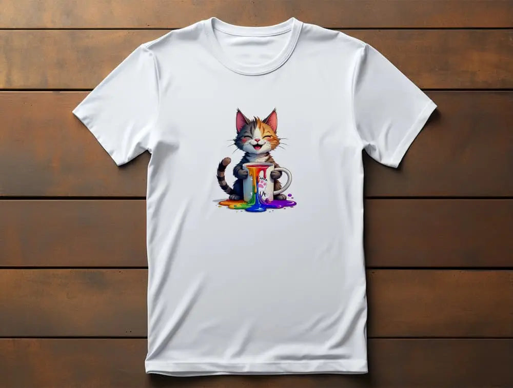 Pride Paws T-Shirt – unisex premium shirt with vibrant cat and rainbow coffee cup design, celebrating pride, humor, and self-expression.
