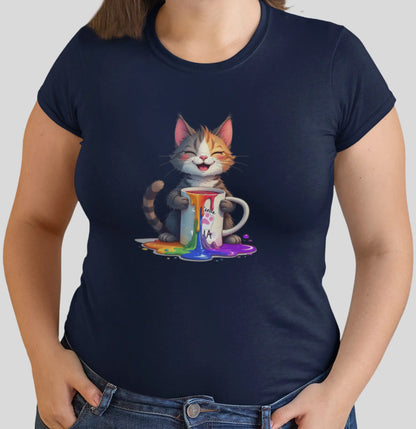 Close-up of Pride Paws design – cheerful cat with rainbow coffee mug and vivid details representing pride and feline humor.