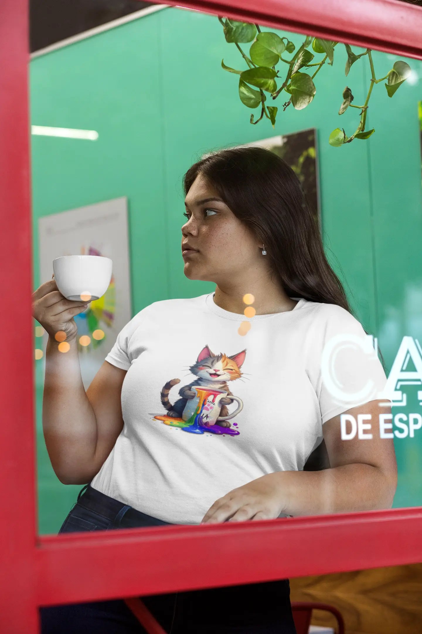  Person wearing Pride Paws unisex T-shirt at coffee shop – fun, pride-inspired cat lover tee full of color and playful attitude.