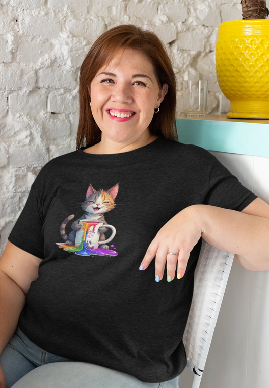 Model wearing Pride Paws T-Shirt – unisex premium tee featuring a colorful cat holding a rainbow coffee mug, symbolizing pride and positivity.