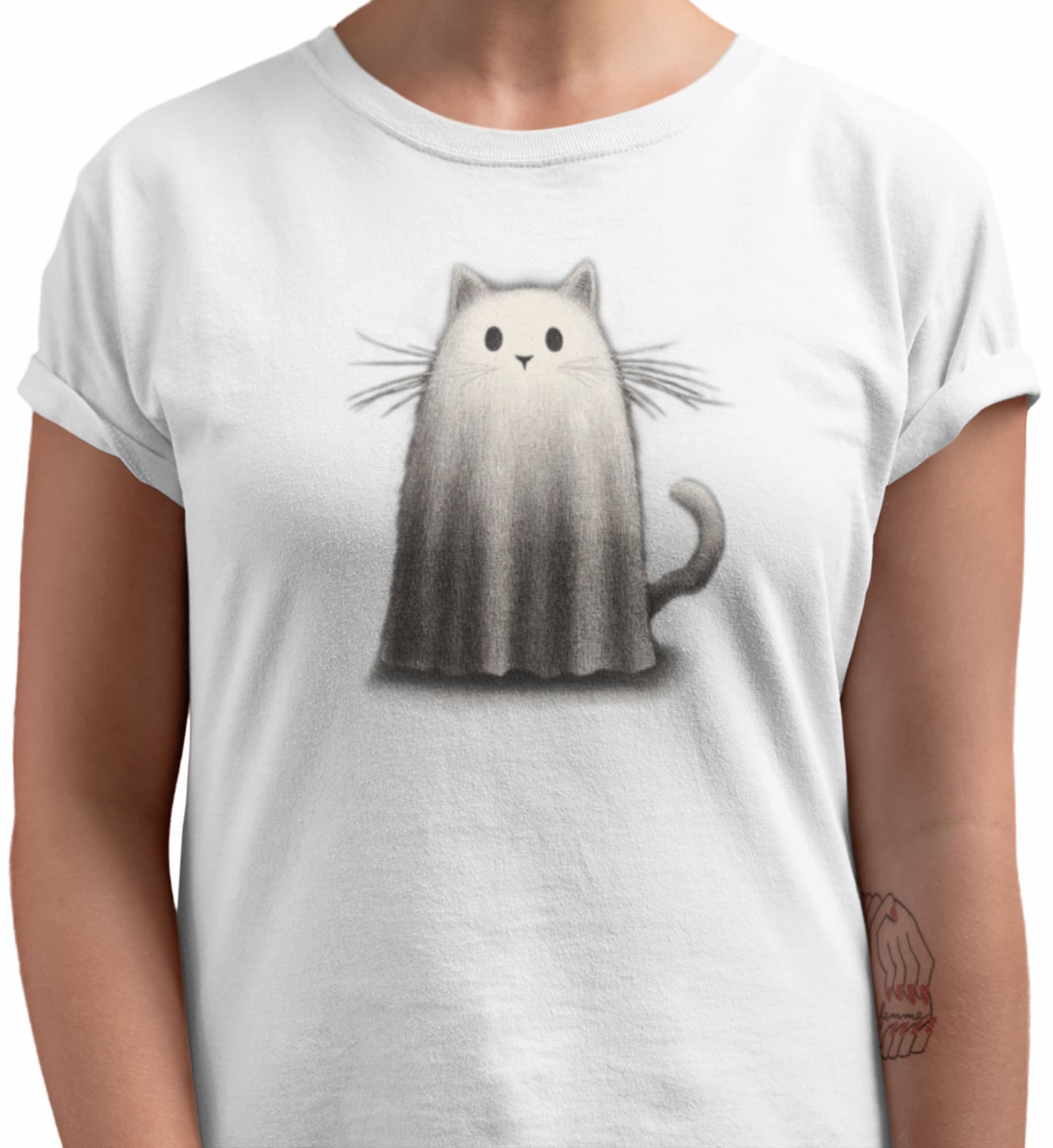 Close-up of Whiskered Phantom cat t-shirt print showing minimalist ghost cat with sharp ears, whiskers, and canvas-inspired texture